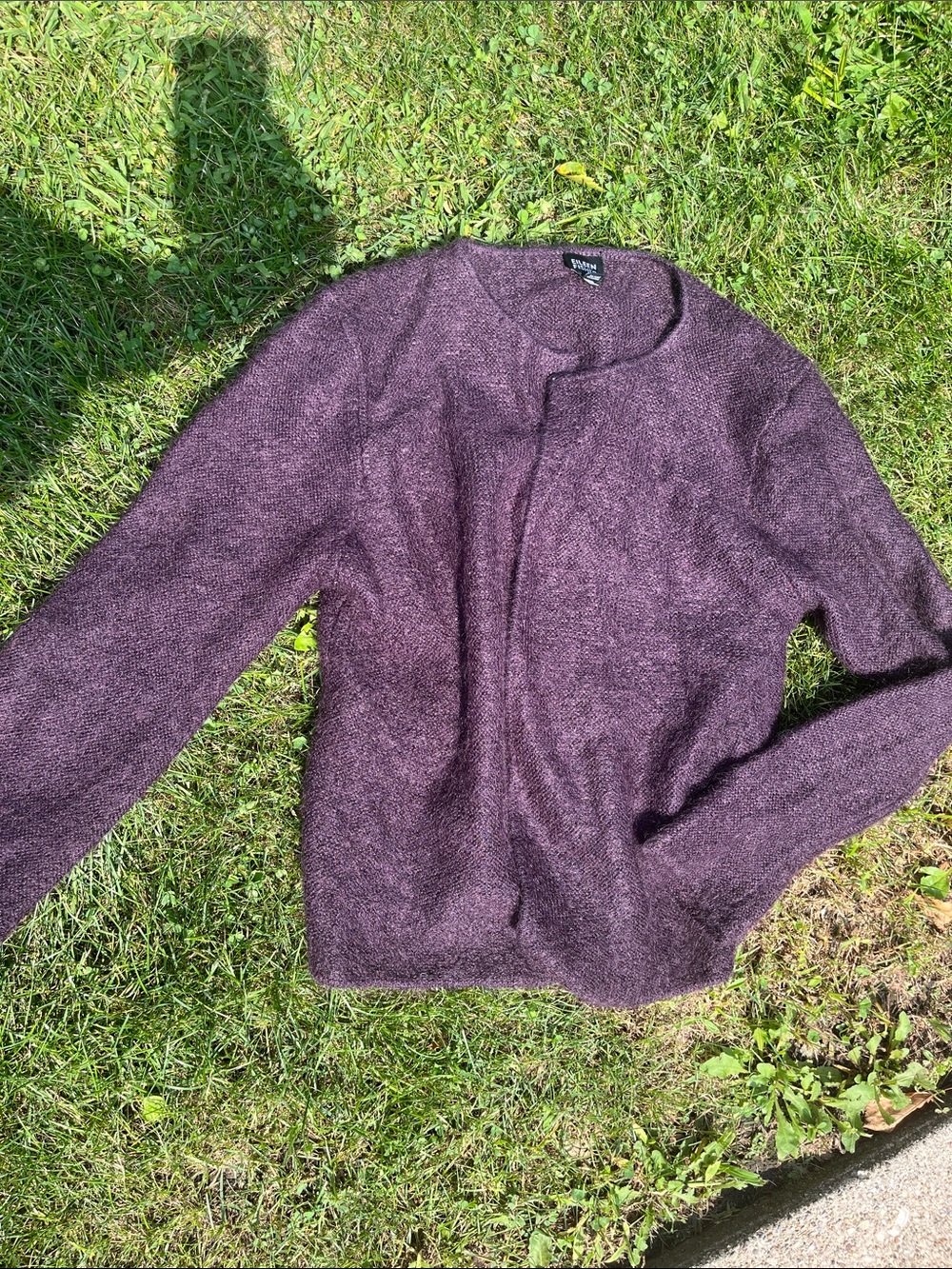 Eileen Fisher Heathered Plum Open-Front Crewneck Sweater kid mohair